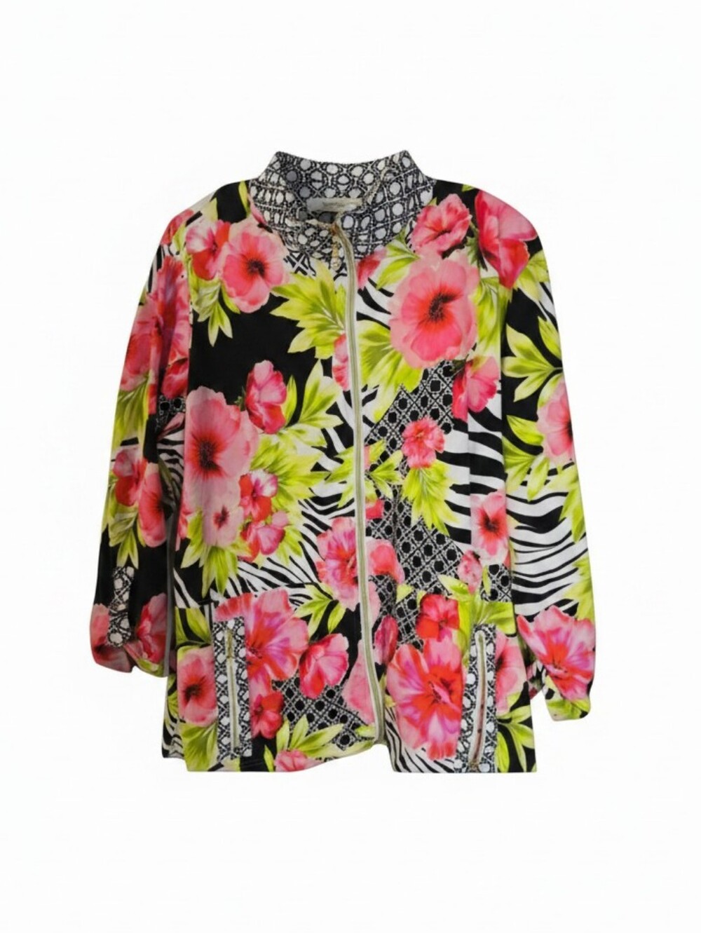 Onque Woman Monochrome Geometric Pattern Jacket, Front Zip, Lightweight Med